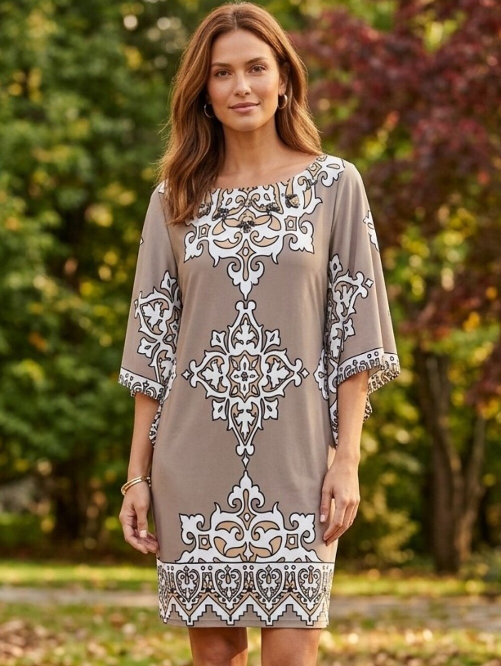 Hale Bob Beaded Neckline Geometric Print Jersey Dress